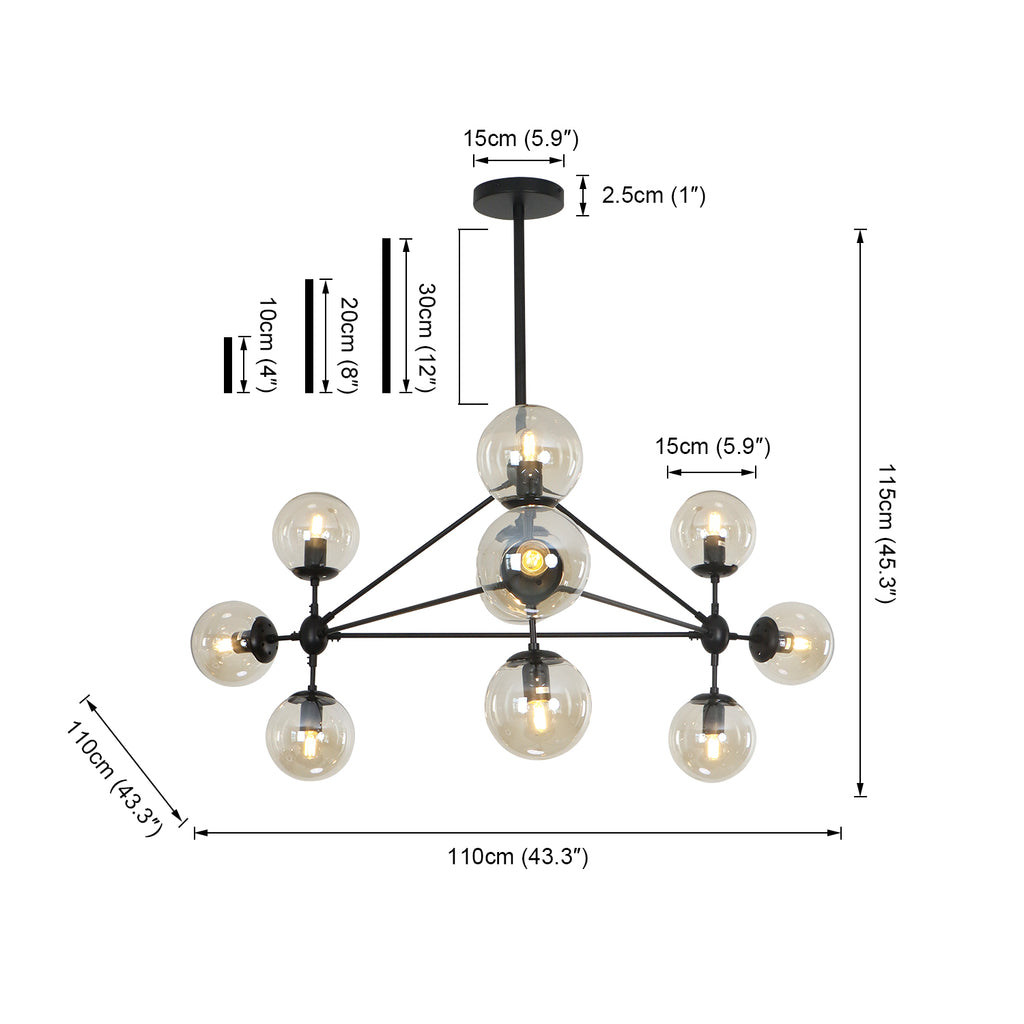 10 Lights Magic Bean Black Industrial Chandelier with Amber Glass Shade