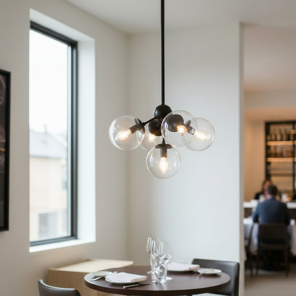 5 Light Black Industrial Magic Bean Pendant Light with Clear Globe Glass Shade