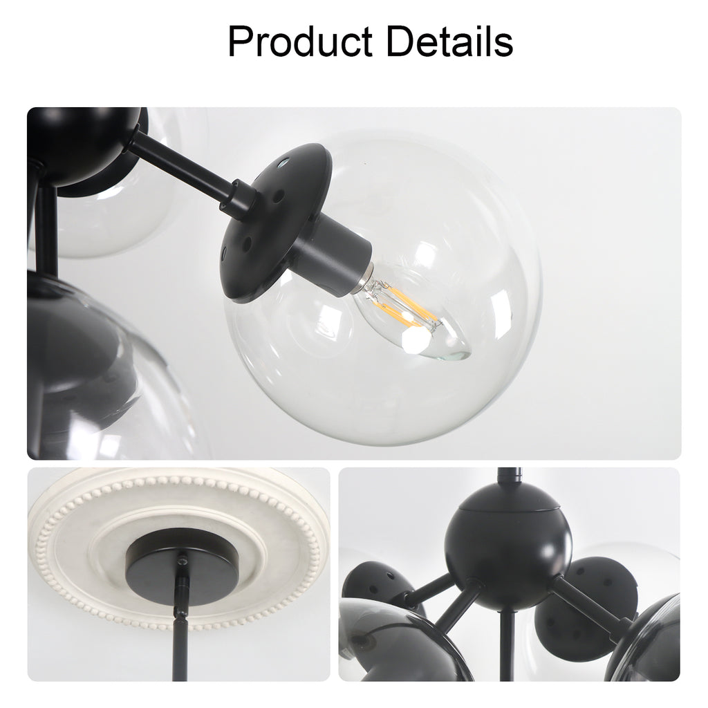 5 Light Black Industrial Magic Bean Pendant Light with Clear Globe Glass Shade