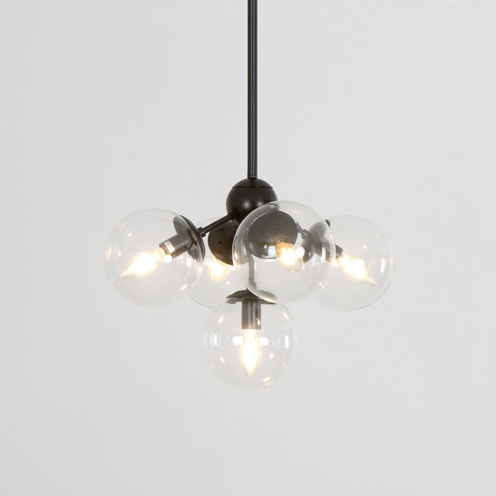 5 Light Black Industrial Magic Bean Pendant Light with Clear Globe Glass Shade