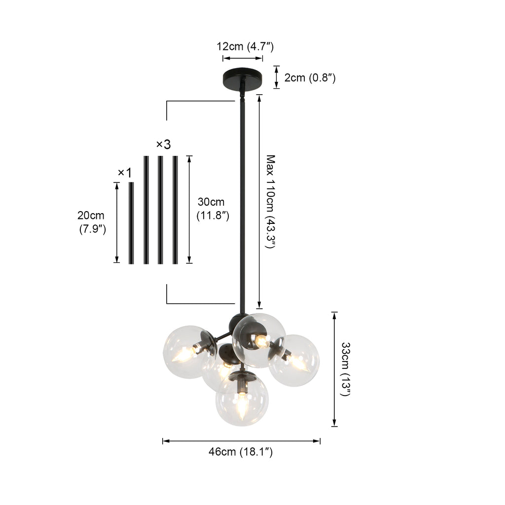 5 Light Black Industrial Magic Bean Pendant Light with Clear Globe Glass Shade