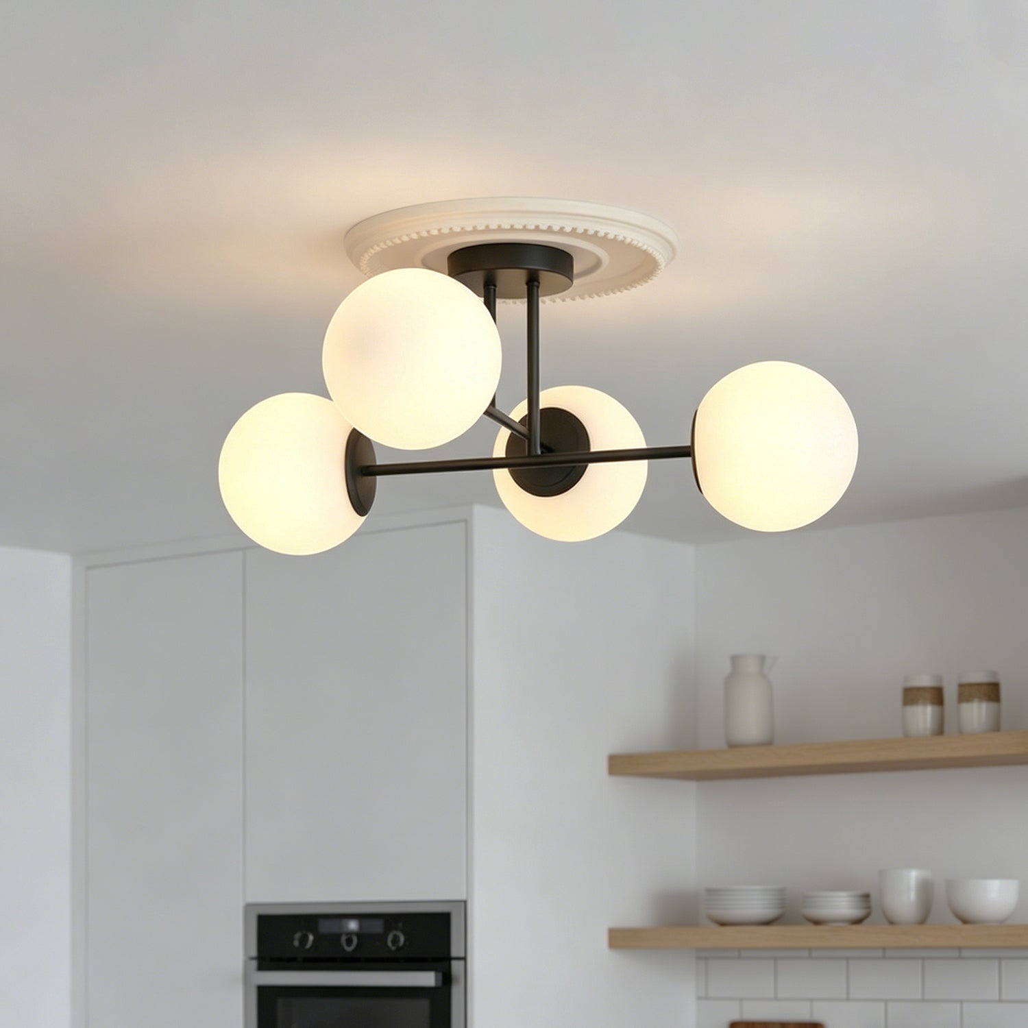 4/6 Lights Modern Sputnik Semi Flush Mount with Opal Glass Shade