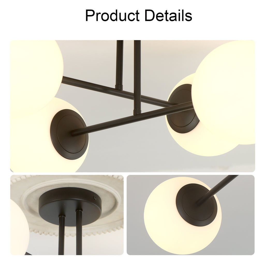 4/6 Lights Modern Sputnik Semi Flush Mount with Opal Glass Shade