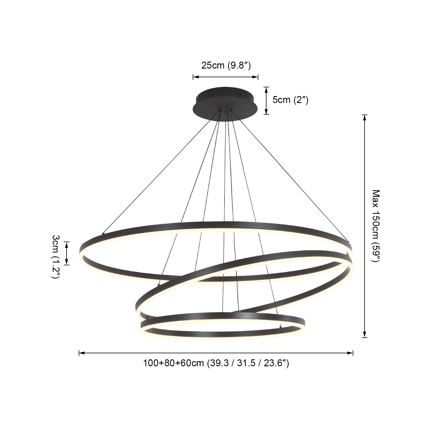 3/5 Lights Rings Dimmable Integrated LED Black Chandelier for Living Room Village Foyer High Ceiling Hanging Light
