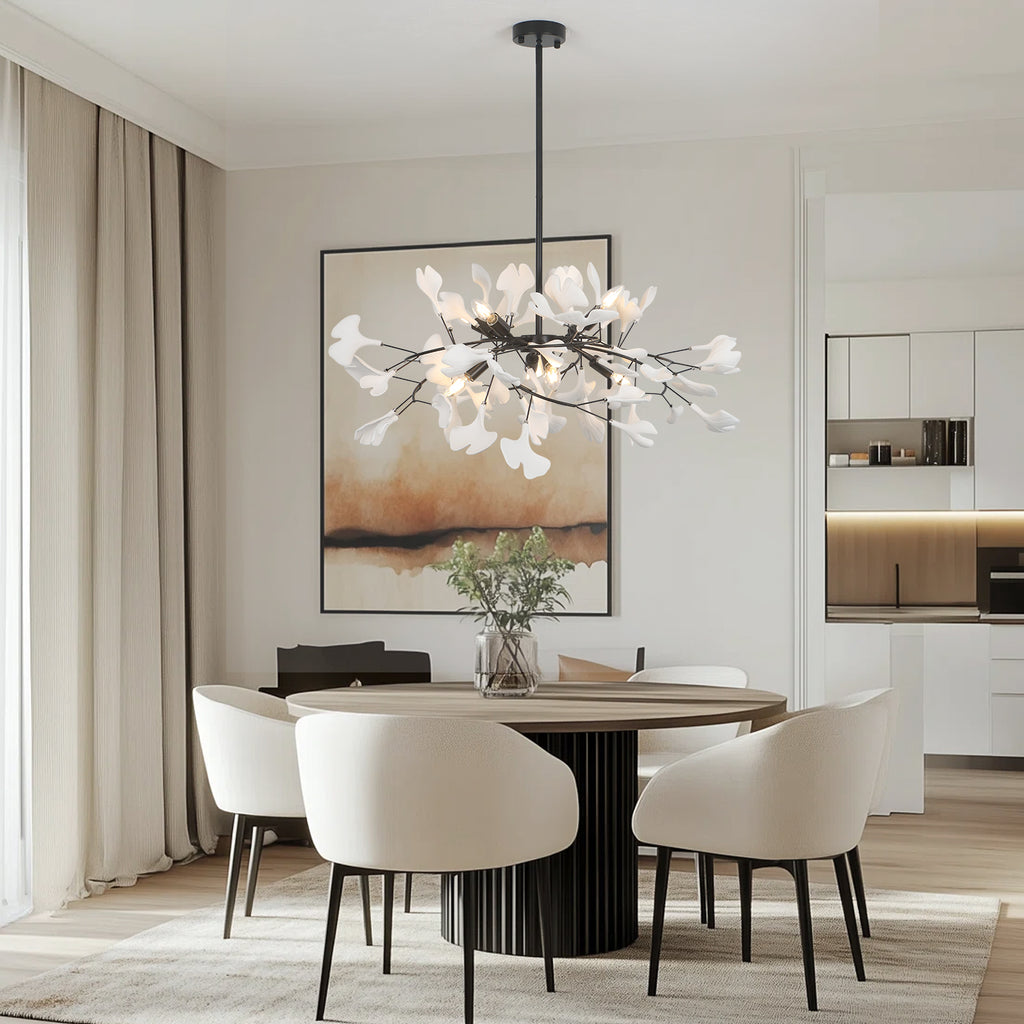 6 Lights Branch Chandelier with White Ceramic Ginkgo Leaves