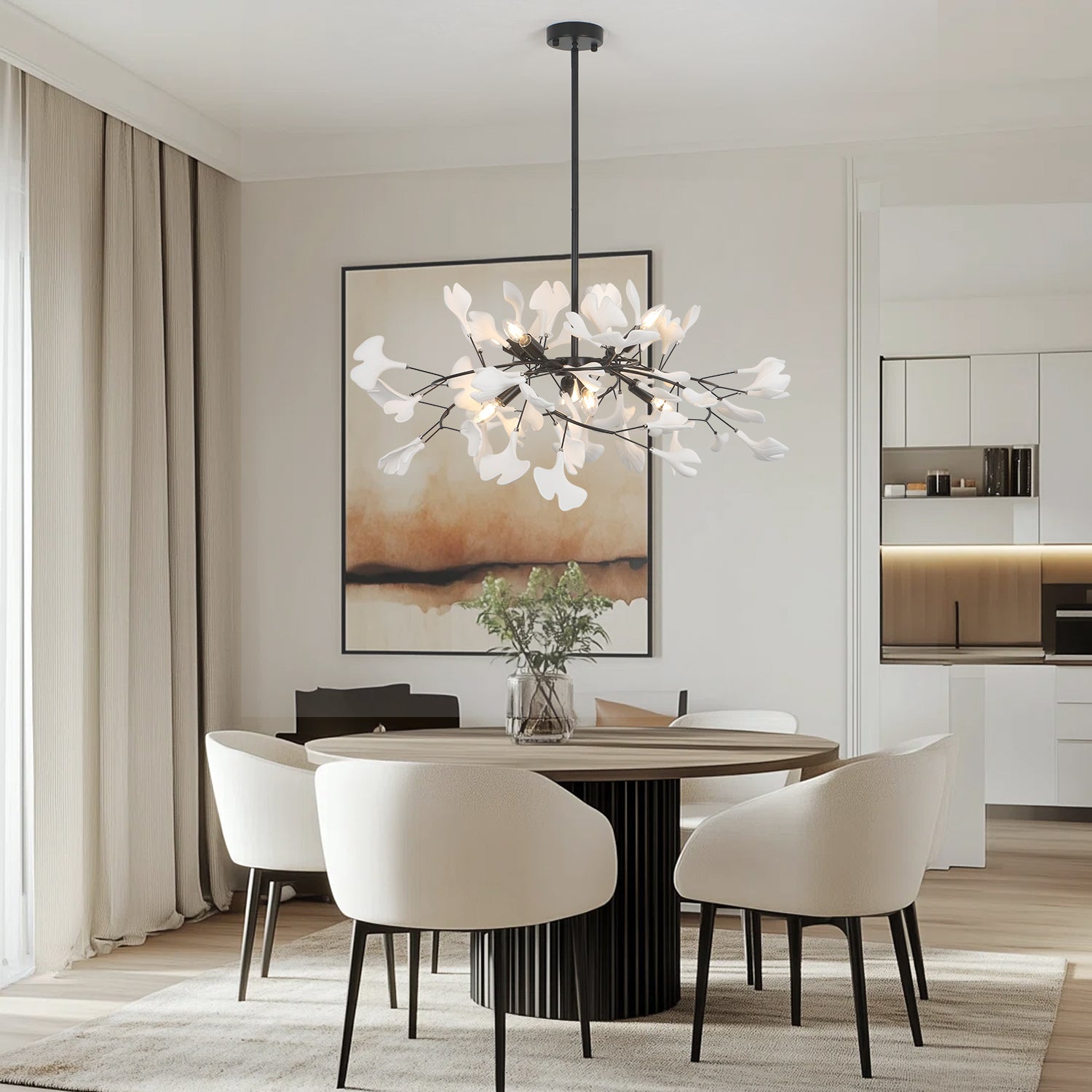 6 Lights Branch Chandelier with White Ceramic Ginkgo Leaves