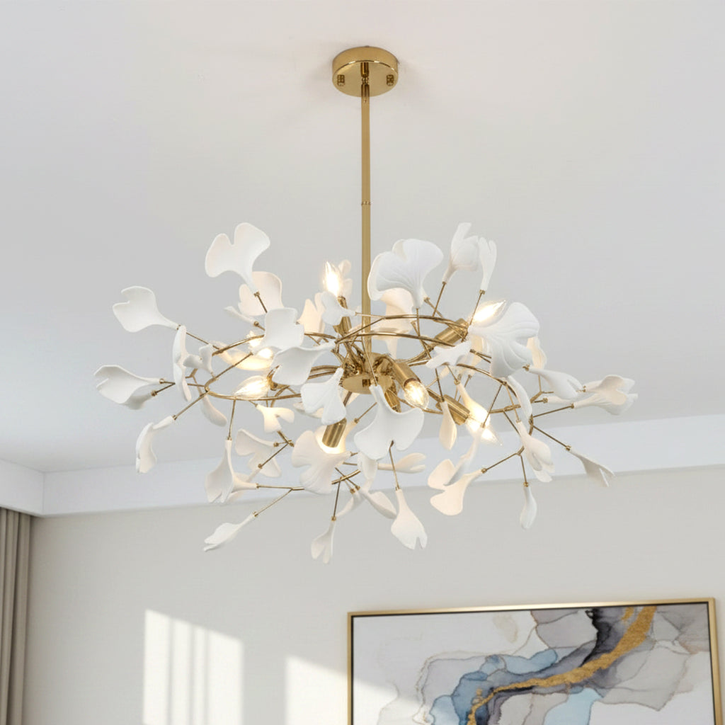 6 Lights Branch Chandelier with White Ceramic Ginkgo Leaves