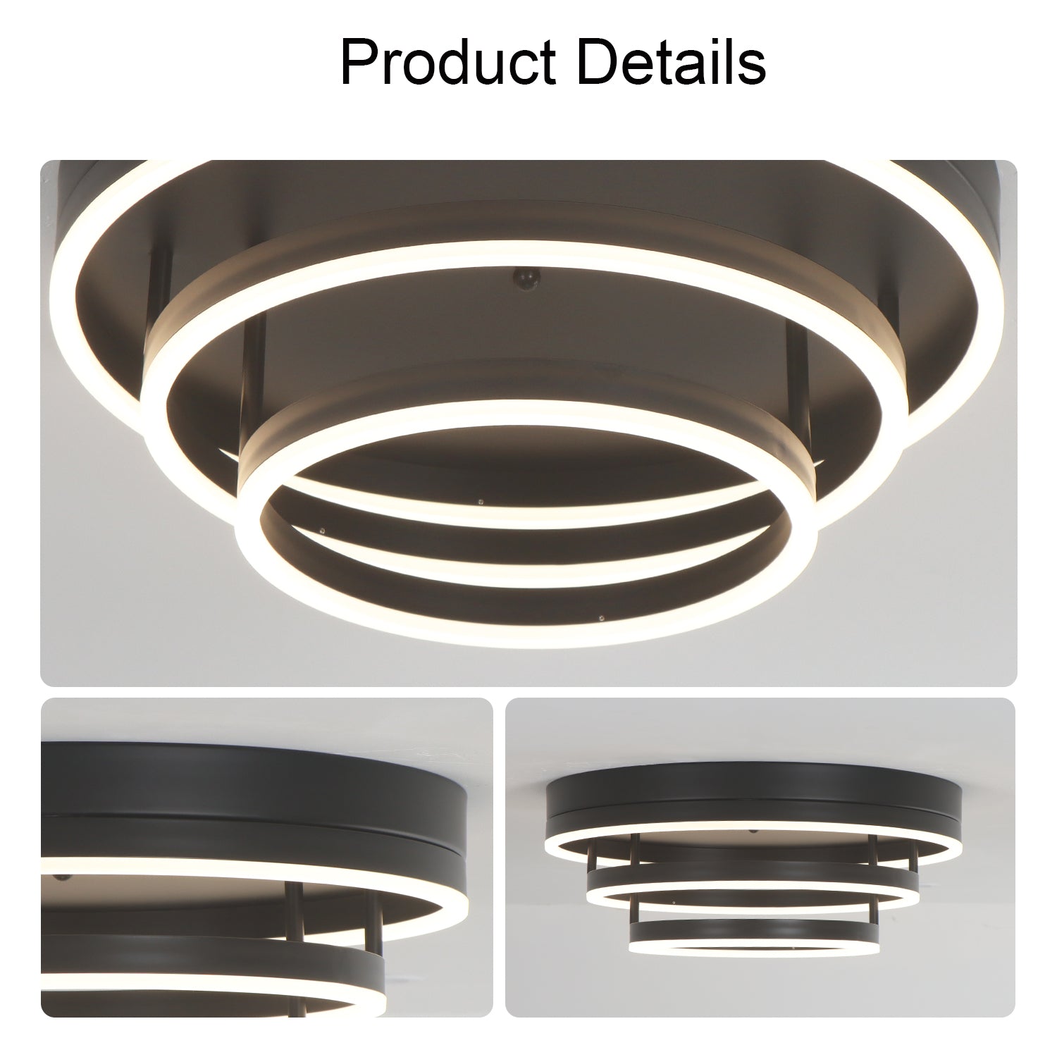 19.7" 3 Lights Black Rings LED Dimmable Flush Mount Ceiling Light