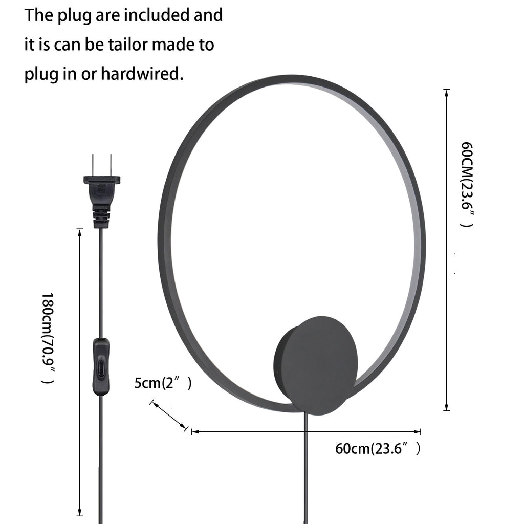 23.6" Modern LED Dimmable Black Circular Wall Light with Hardwired or Plug In