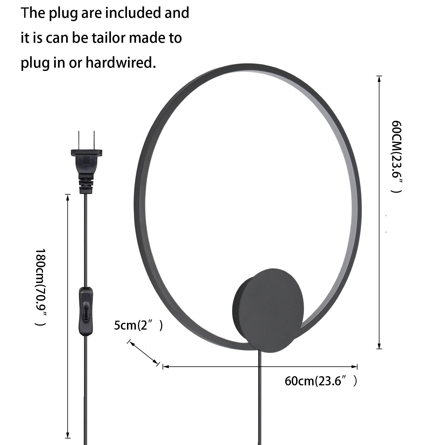 23.6" Modern LED Dimmable Black Circular Wall Light with Hardwired or Plug In