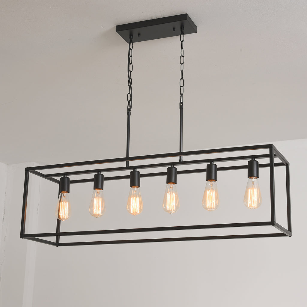 UMEILUCE 6 Light Rectangle Chandelier Contemporary Farmhouse Cage Pendant Lighting Black Industrial Vintage Kitchen Island Metal Cage Ceiling Light Fixtures