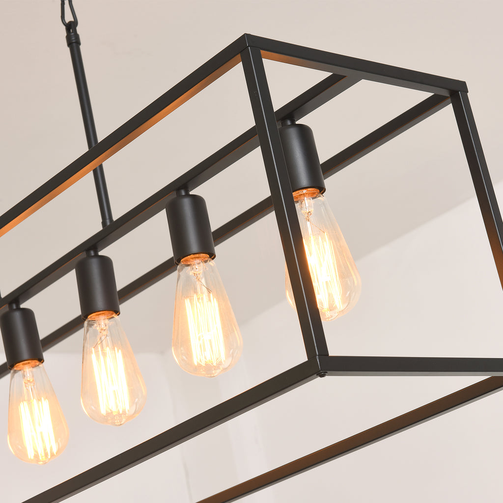 UMEILUCE 6 Light Rectangle Chandelier Contemporary Farmhouse Cage Pendant Lighting Black Industrial Vintage Kitchen Island Metal Cage Ceiling Light Fixtures