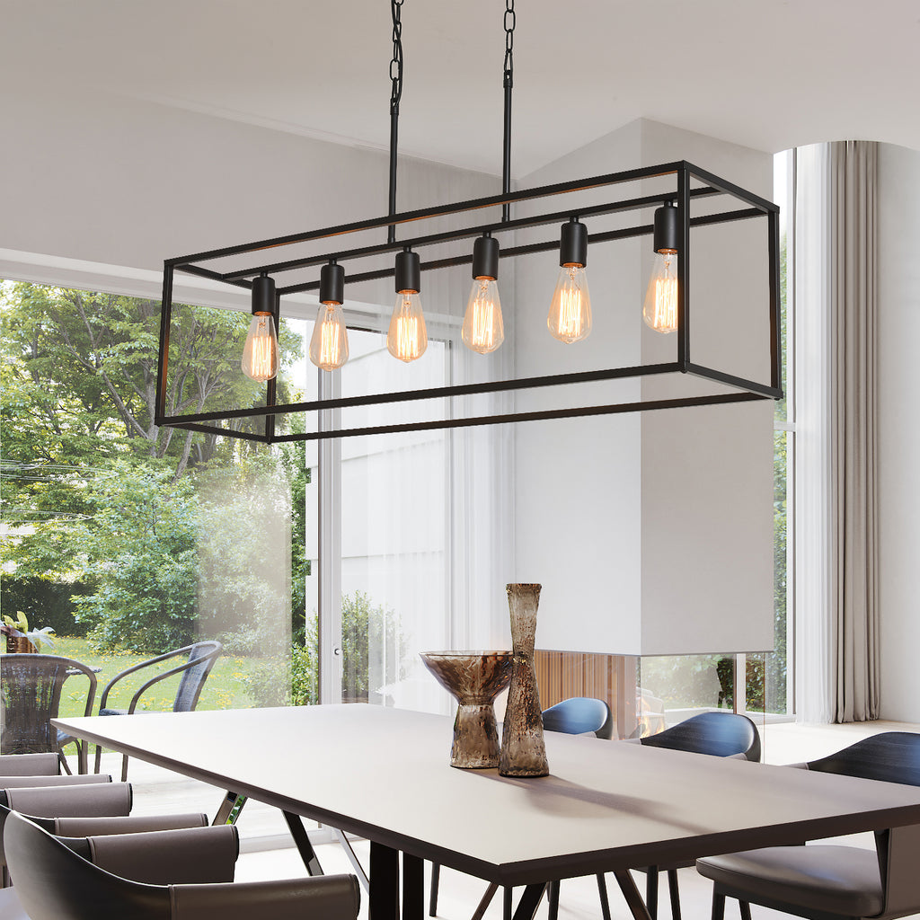 UMEILUCE 6 Light Rectangle Chandelier Contemporary Farmhouse Cage Pendant Lighting Black Industrial Vintage Kitchen Island Metal Cage Ceiling Light Fixtures