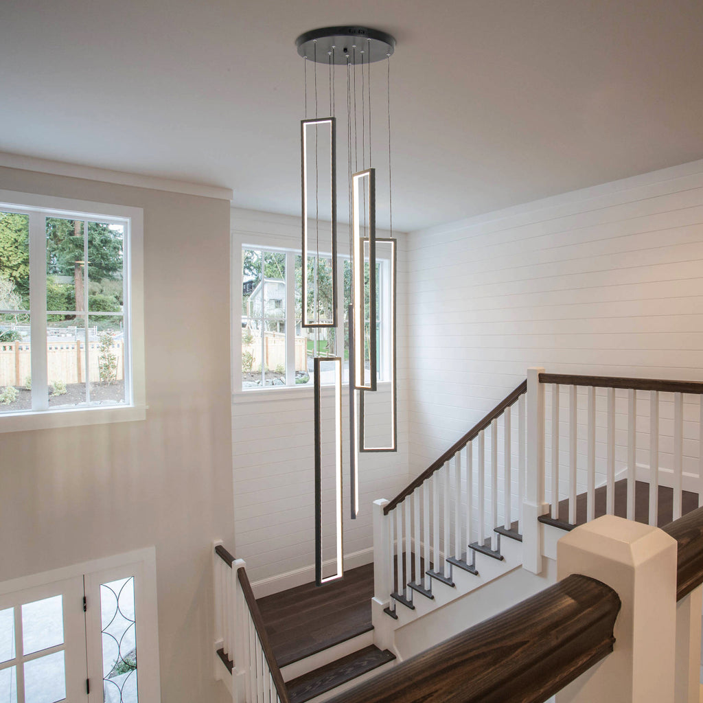 100-Watt Integrated LED Black Dimmable Contemporary Hanging Chandeliers for Living Room Stairs 5-Light High Ceiling Pendant Light