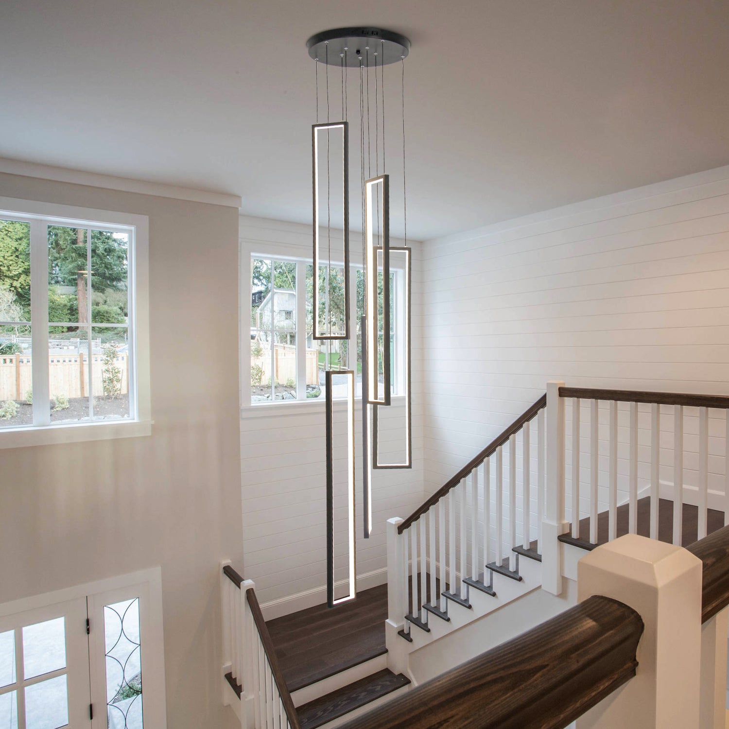 100-Watt Integrated LED Black Dimmable Contemporary Hanging Chandeliers for Living Room Stairs 5-Light High Ceiling Pendant Light