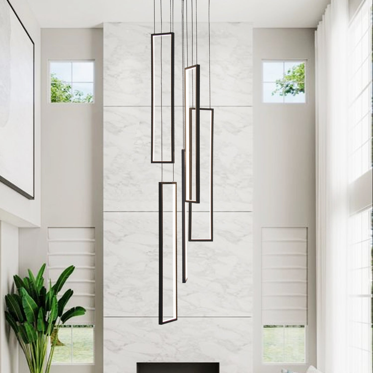 100-Watt Integrated LED Black Dimmable Contemporary Hanging Chandeliers for Living Room Stairs 5-Light High Ceiling Pendant Light