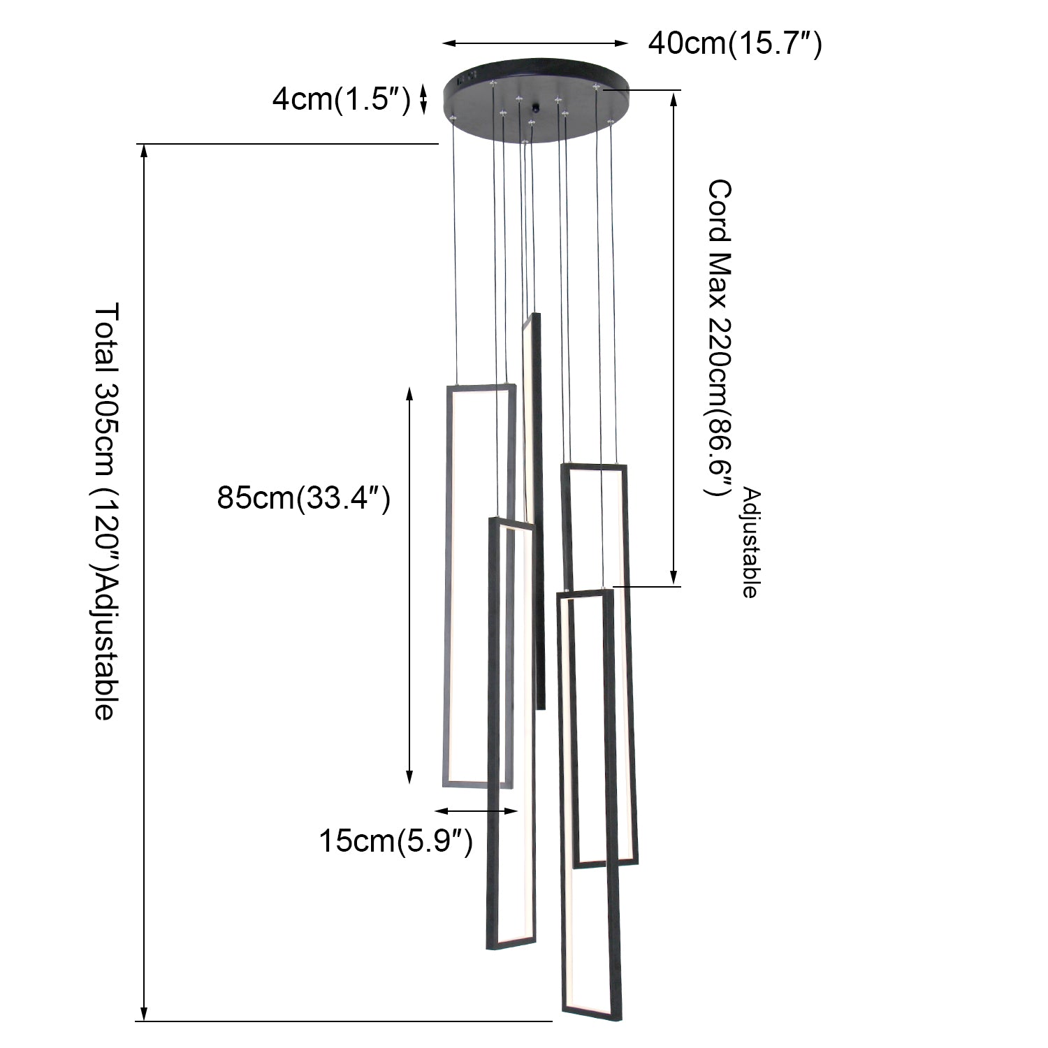 100-Watt Integrated LED Black Dimmable Contemporary Hanging Chandeliers for Living Room Stairs 5-Light High Ceiling Pendant Light