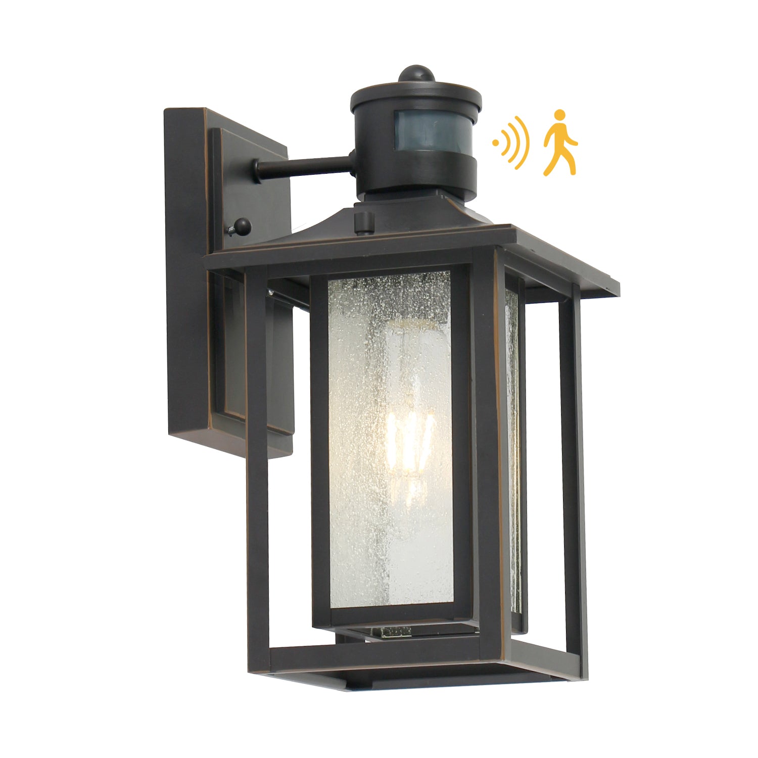 1-Light Matte Black Motion Sensing Outdoor Wall Lantern Sconces with Seeded Glass Shade Wall Light