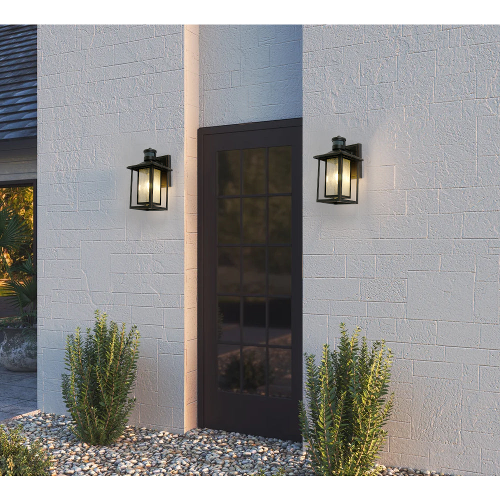 1-Light Matte Black Motion Sensing Outdoor Wall Lantern Sconces with Seeded Glass Shade Wall Light