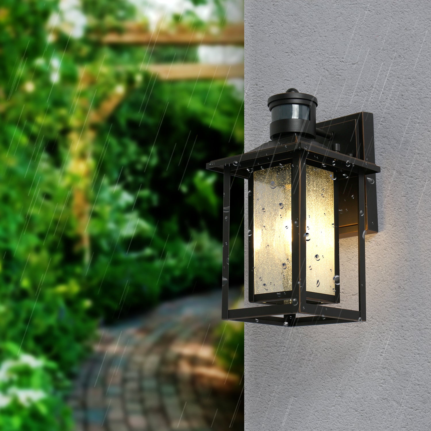 1-Light Matte Black Motion Sensing Outdoor Wall Lantern Sconces with Seeded Glass Shade Wall Light