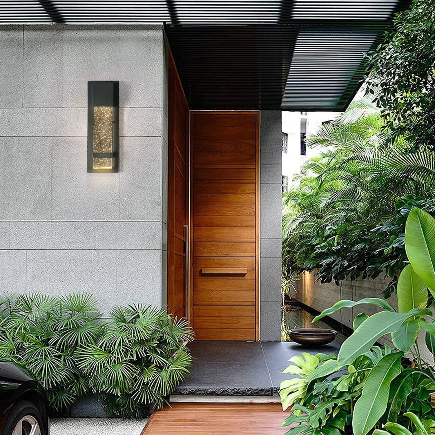 14 in. Black Waterproof Outdoor Integrated LED Wall Sconce with Bubble Glass Shade