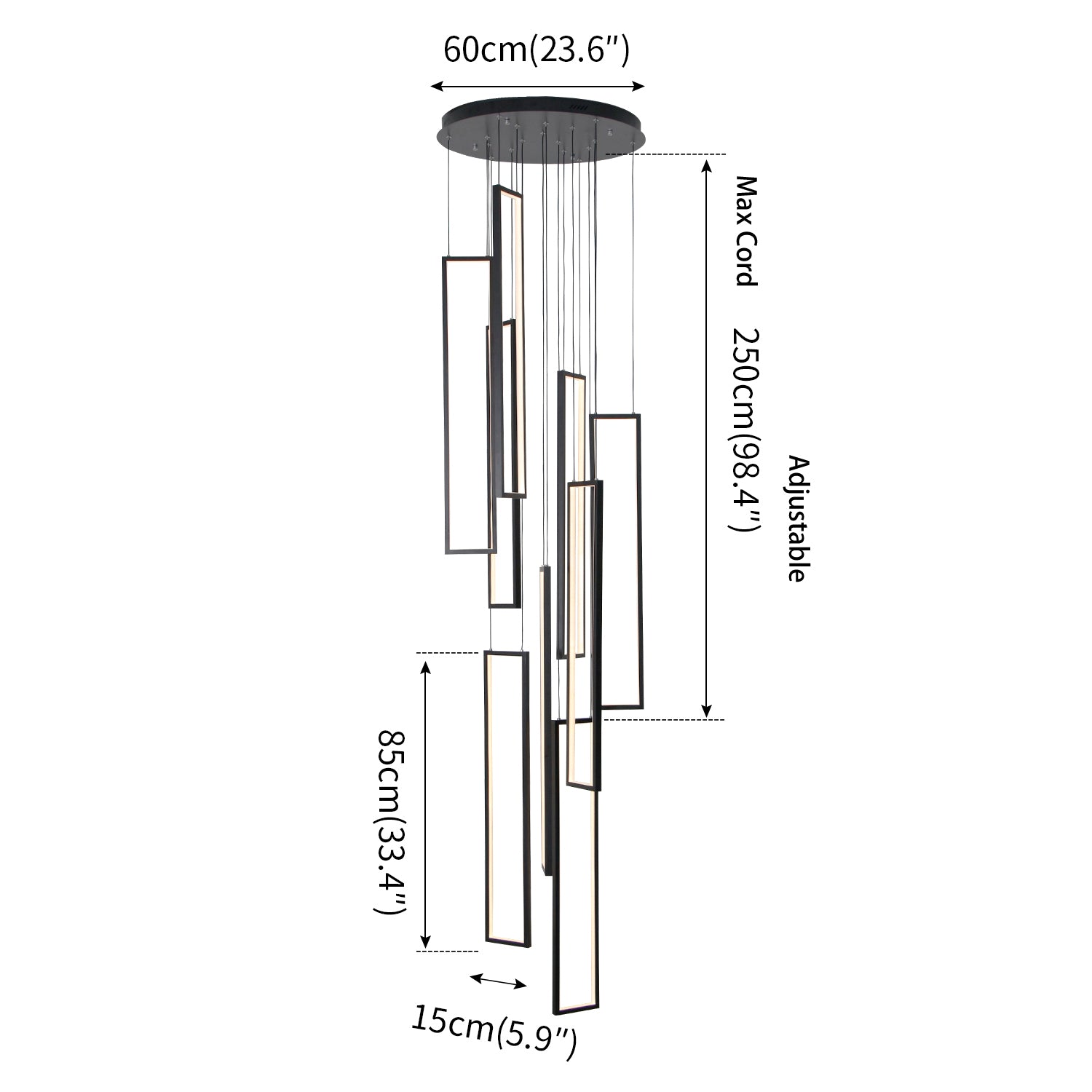 100-Watt Integrated LED Black Dimmable Contemporary Hanging Chandeliers for Living Room Stairs 5-Light High Ceiling Pendant Light