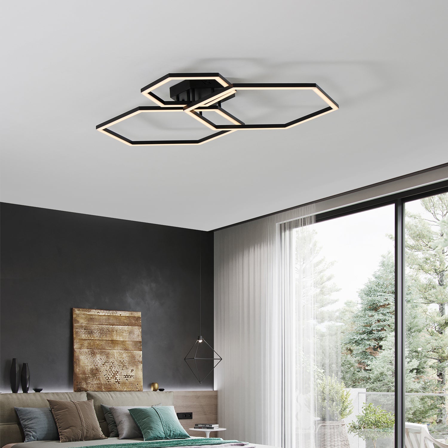 40" 3 Lights Geometric Black LED Dimmable Flush Mount with Remote Control