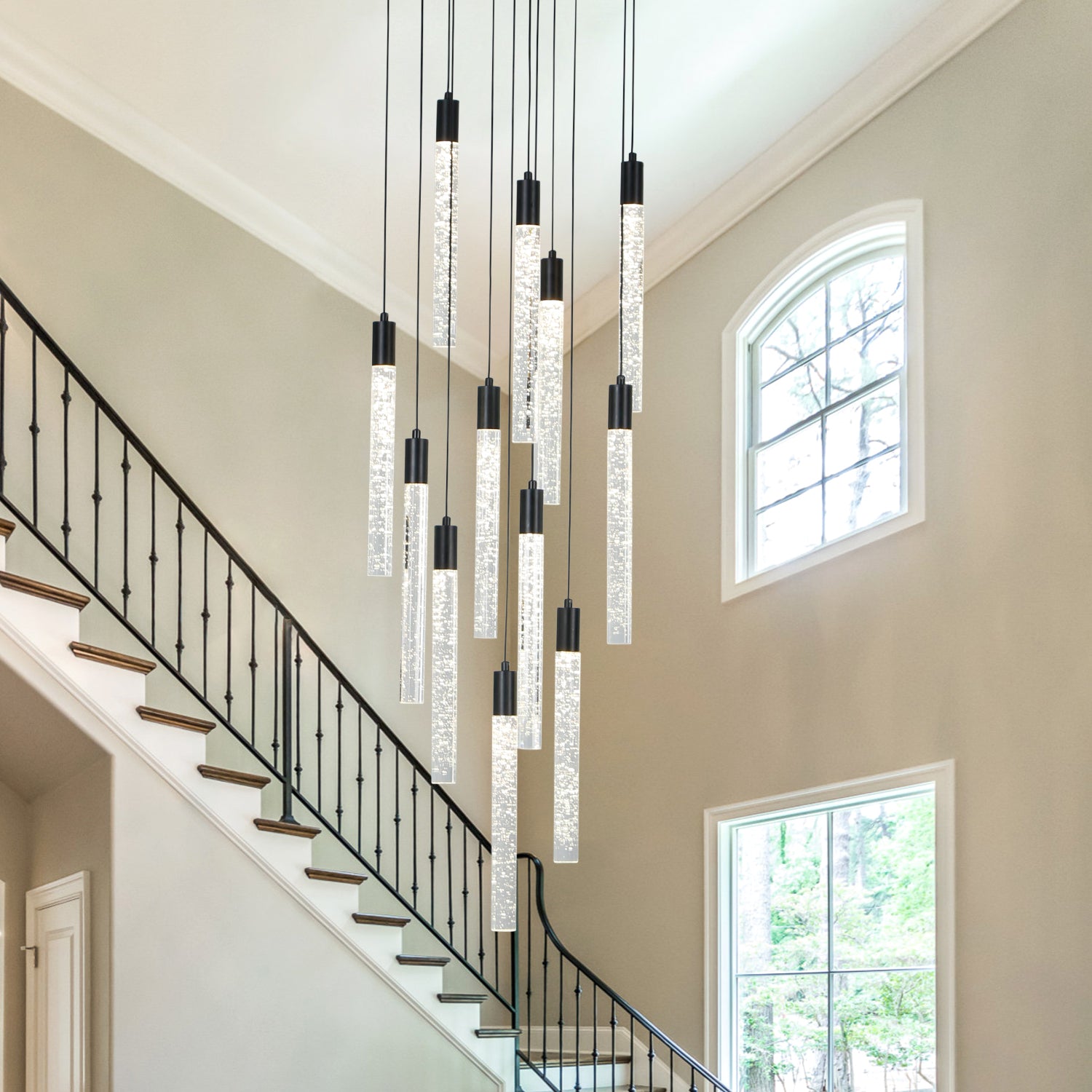 Cylinder Crystal Dimmable Integrated LED Chandelier for Stairs Dining Room Hallway
