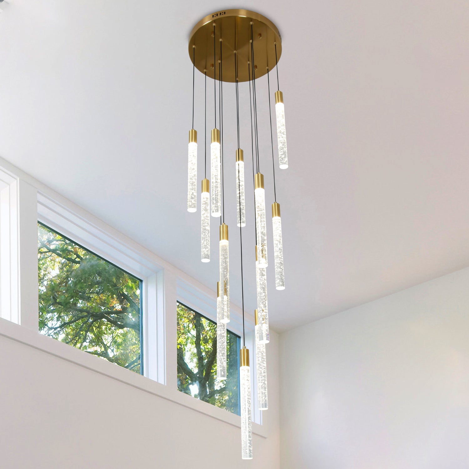 Cylinder Crystal Dimmable Integrated LED Chandelier for Stairs Dining Room Hallway