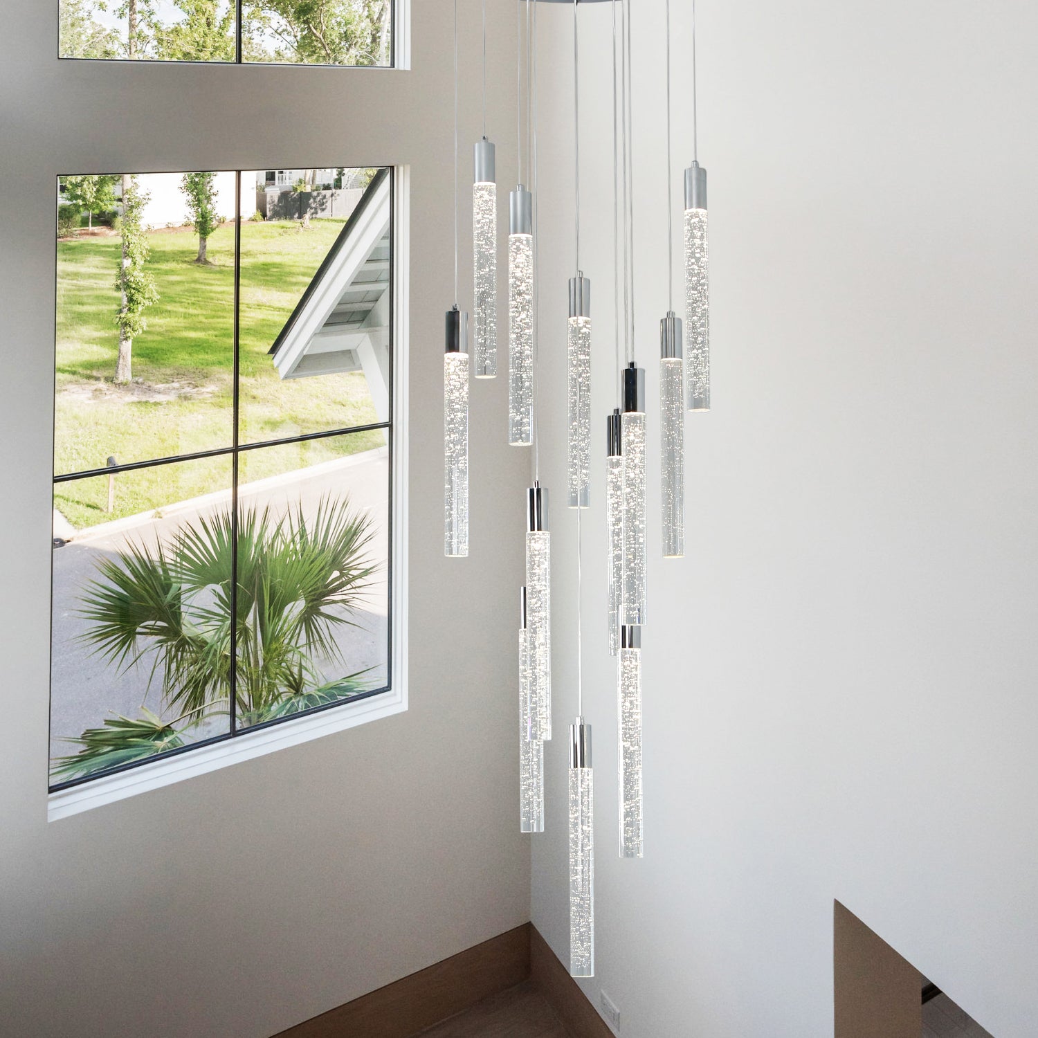 Cylinder Crystal Dimmable Integrated LED Chandelier for Stairs Dining Room Hallway