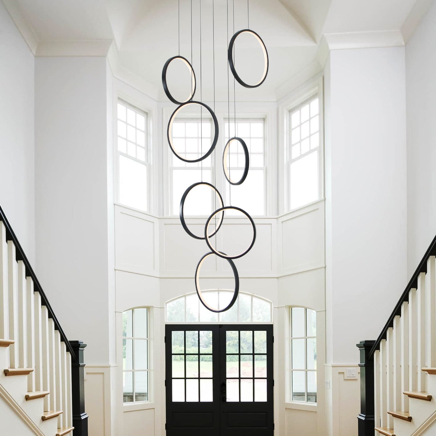 7/10 Lights Rings Modern LED Dimmable  Black High Ceiling Chandelier