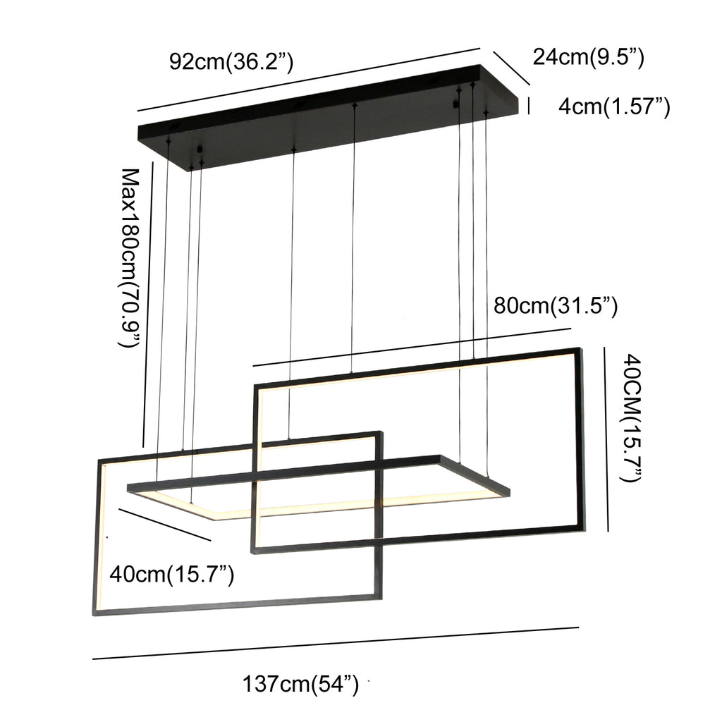40"/54" 3 Lights Rectangle Black Integrated LED Dimmable Chandelier