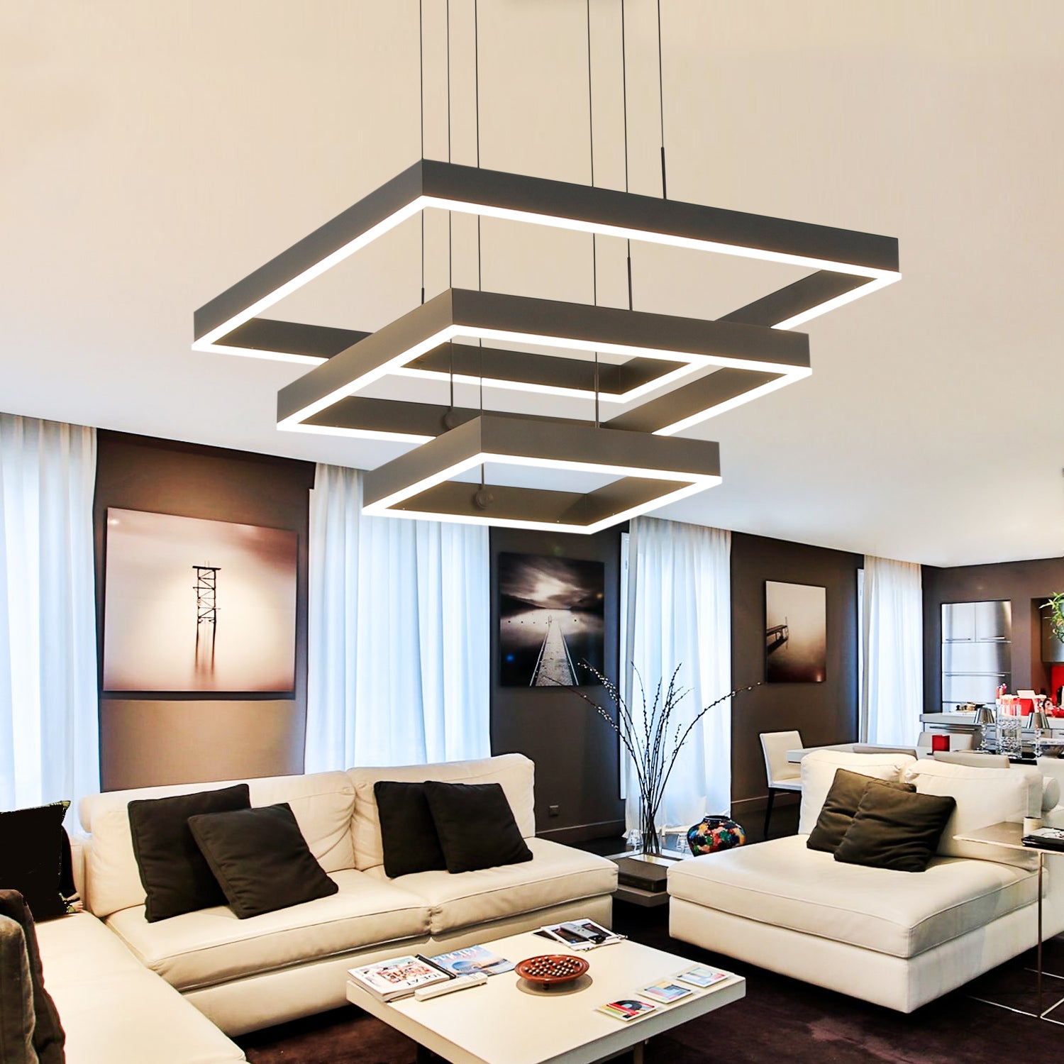 3-Lights 31.4 in. Square Dimmable Integrated LED Chandelier