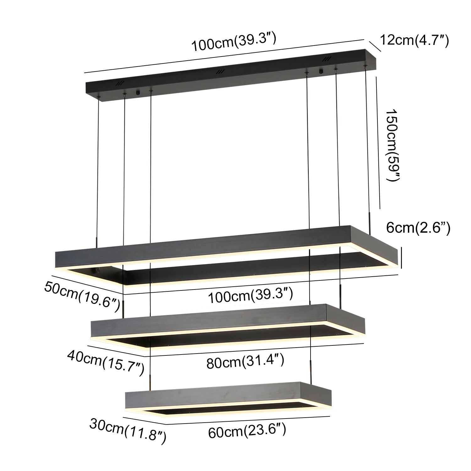 3-Lights 39 in. Rectangular Dimmable Integrated LED Chandelier