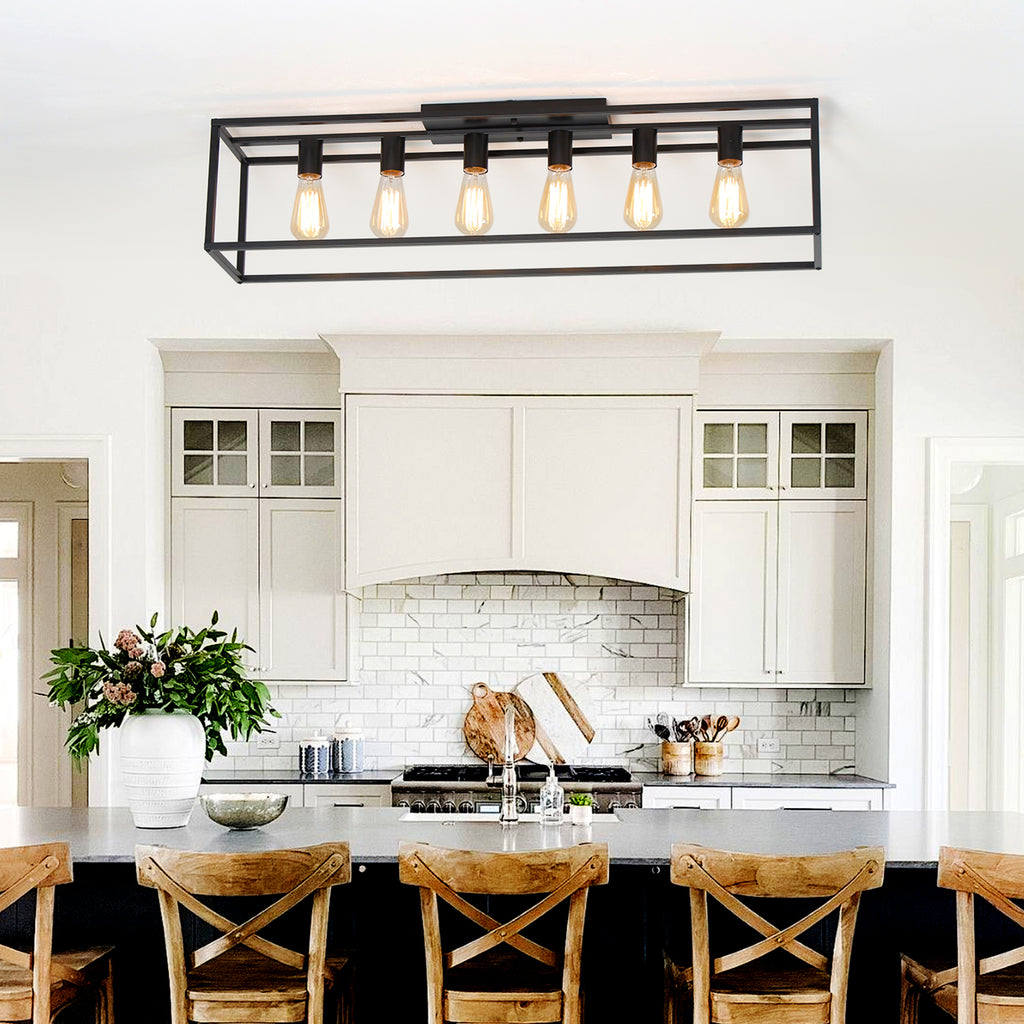 4/6 Lights Vintage Farmhouse Cage Metal Flush Mount Ceiling Light for Living Room Kitchen Island