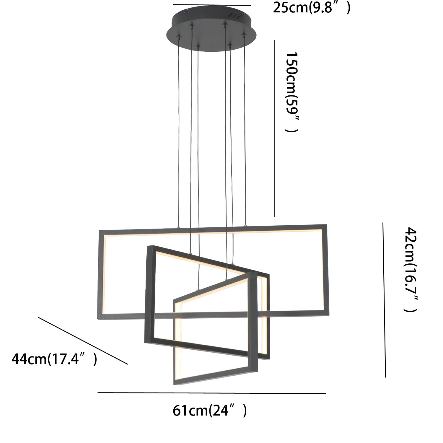 24"/40" 3 Lights Smart LED Dimmable Black Rectangle Chandelier