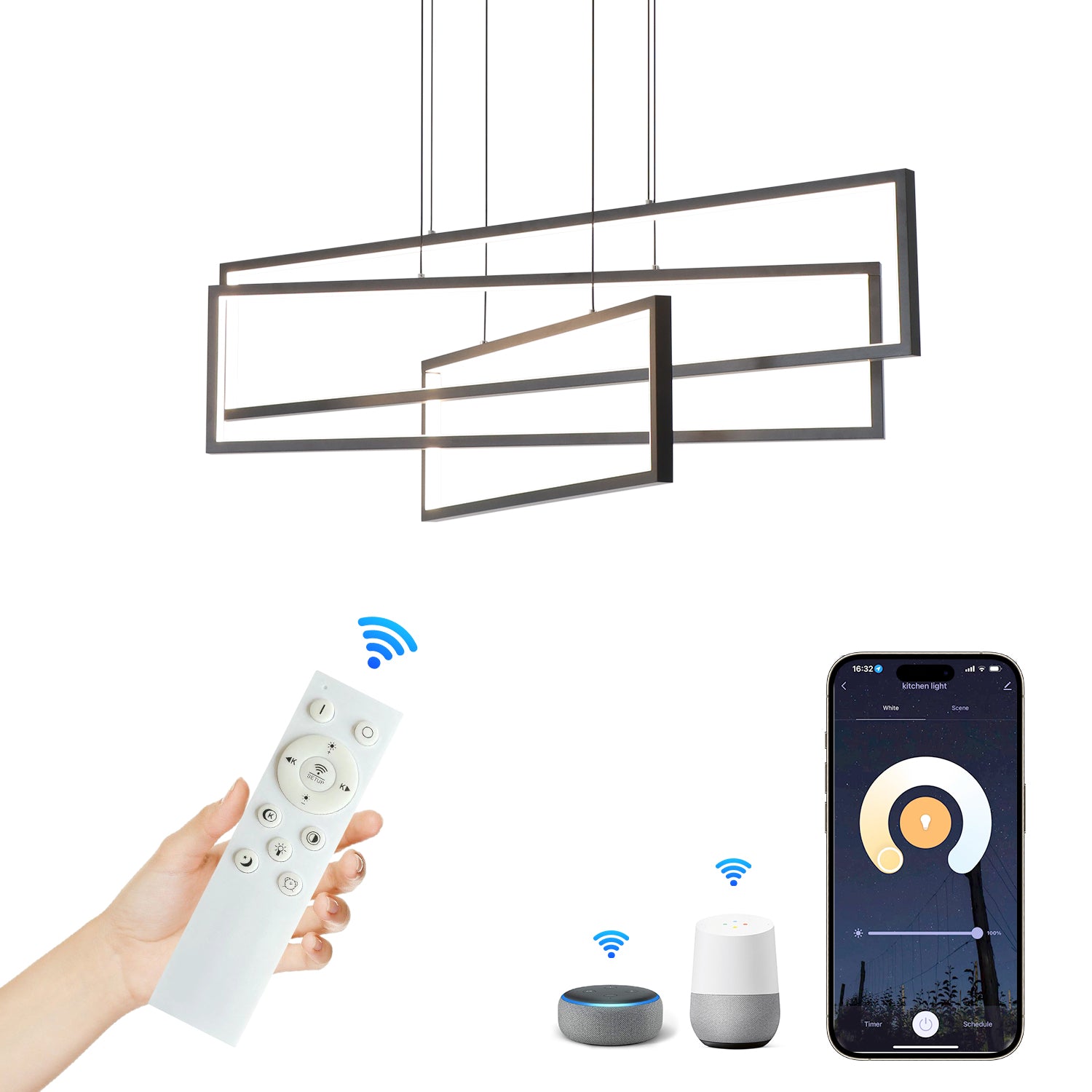 24"/40" 3 Lights Smart LED Dimmable Black Rectangle Chandelier