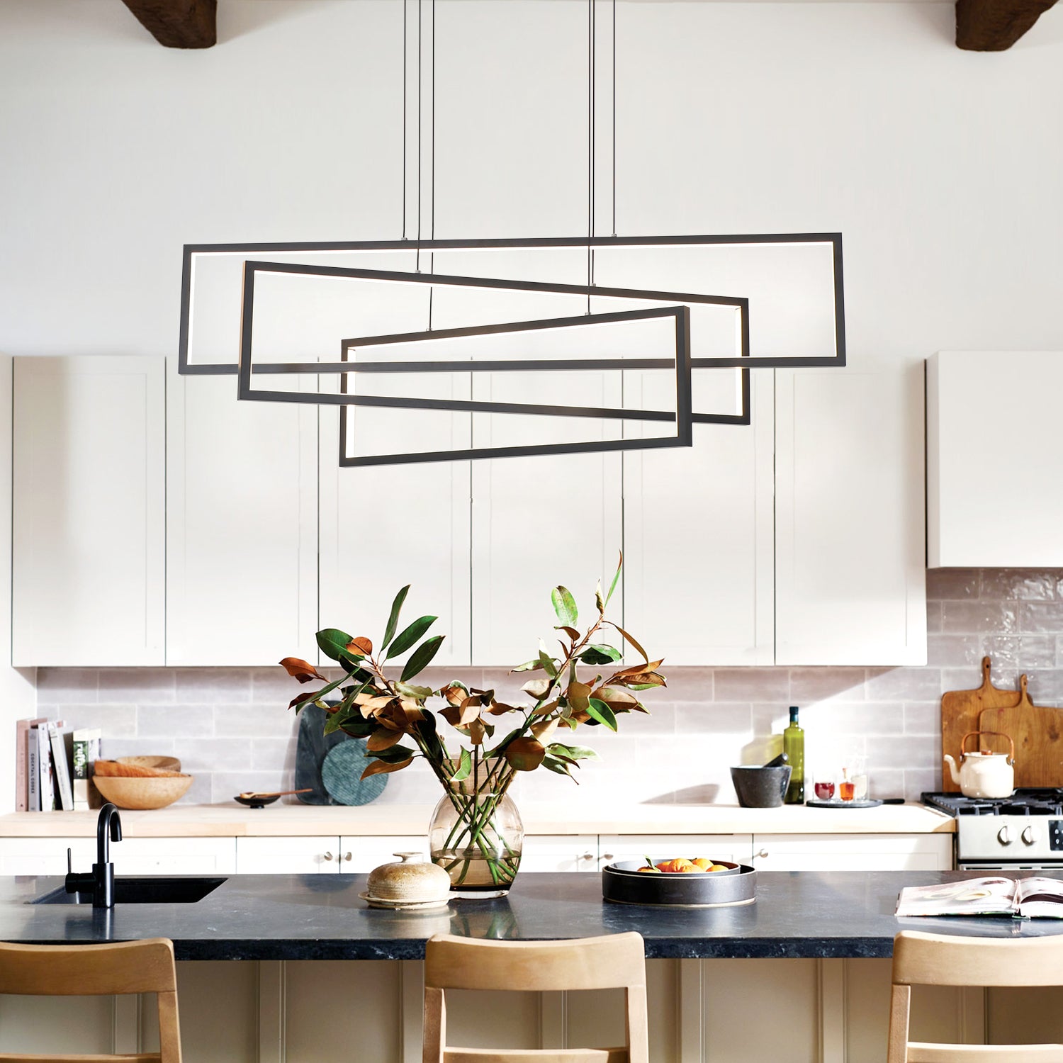 24"/40" 3 Lights Smart LED Dimmable Black Rectangle Chandelier