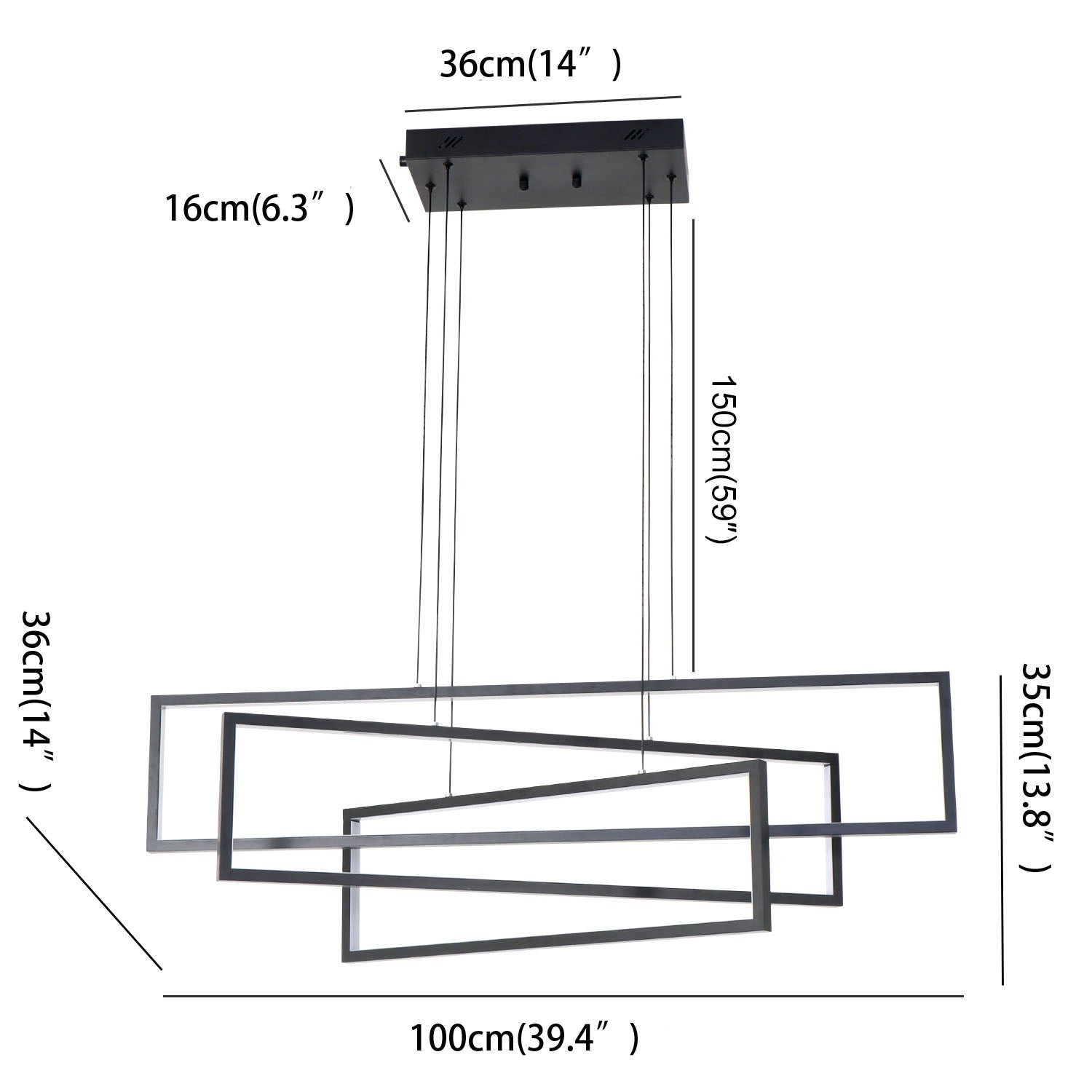 24"/40" 3 Lights Smart LED Dimmable Black Rectangle Chandelier