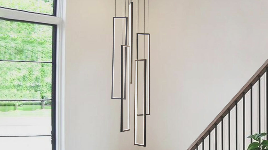 100-Watt Integrated LED Black Dimmable Contemporary Hanging Chandeliers for Living Room Stairs 5-Light High Ceiling Pendant Light